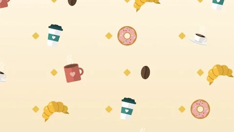 Seamless coffee icons pattern scrolling diagonally on mustard cream Vídeos de archivo 348618109