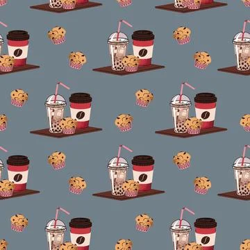 Seamless Coffee Pattern with Bubble Tea and Muffin on Tray. Sweet Drink Texture Stock Illustration