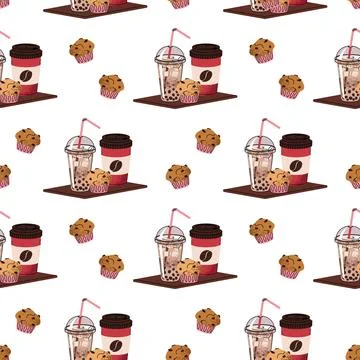 Seamless Coffee Pattern with Bubble Tea and Muffin on Tray. Sweet Drink Texture 스톡 일러스트
