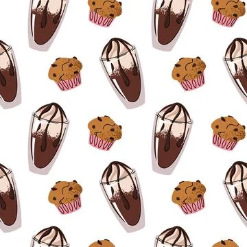 Seamless Coffee Pattern with Creamy Drink and Muffin. Delicious Texture for Cafe Stock Illustration