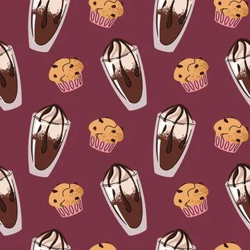 Seamless Coffee Pattern with Creamy Drink and Muffin. Delicious Texture for Cafe Stock Illustration
