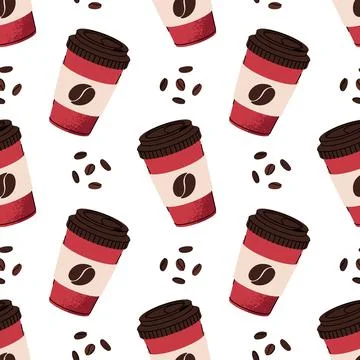 Seamless Coffee Pattern with Cup and Beans. Brown Texture for Background Stock Illustration