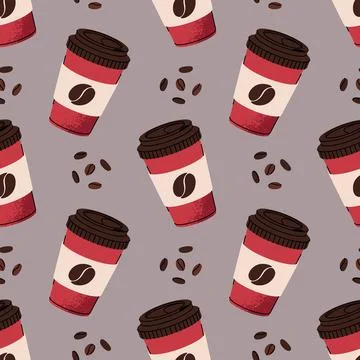 Seamless Coffee Pattern with Cup and Beans. Brown Texture for Background Illustrazione stock