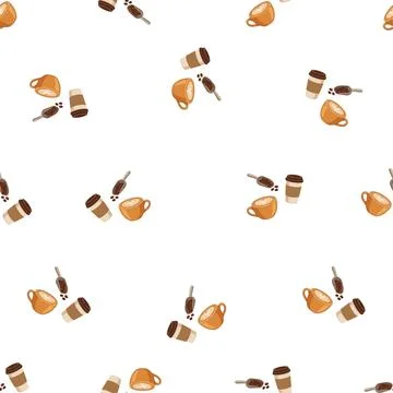 Seamless coffee pattern with cups and beans on white background. Illustrazione stock