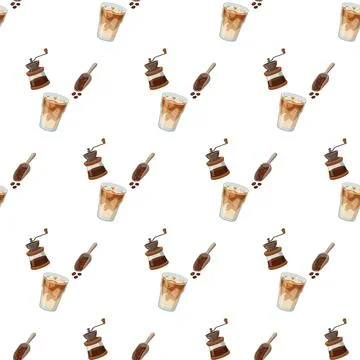 Seamless Coffee Pattern with Grinder and Iced Drinks. Stock Illustration