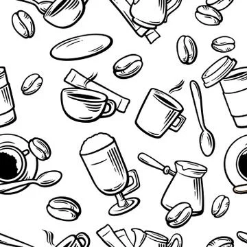 Seamless Coffee Pattern hand drawn vintage vector illustration. Illustrazione stock