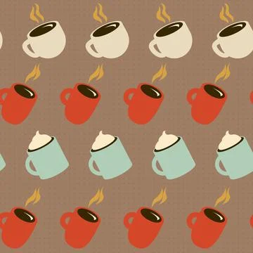 Seamless coffee pattern. Many different cups with drinks. Hot coffee. 스톡 일러스트