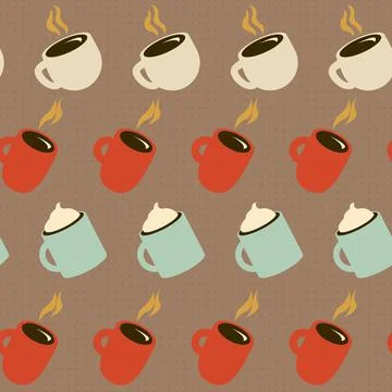 Seamless coffee pattern. Many different cups with drinks. Hot coffee. 스톡 일러스트