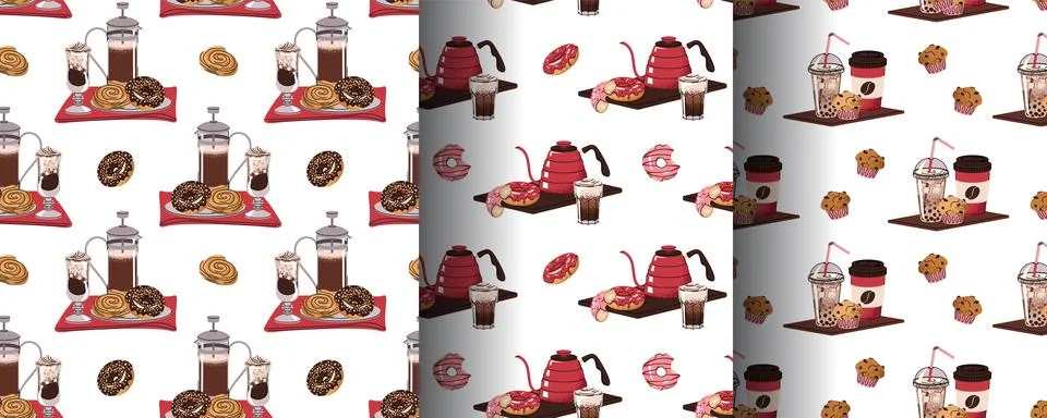 Seamless Coffee Pattern Set with Flat Design. Background with teapot, Coffee イラスト素材