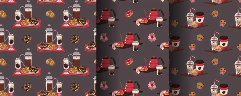 Seamless Coffee Pattern Set with Flat Design. Background with teapot, Coffee イラスト素材