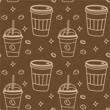 Seamless coffee pattern with takeaway cups and beans for cafe decor and design Stock Illustration