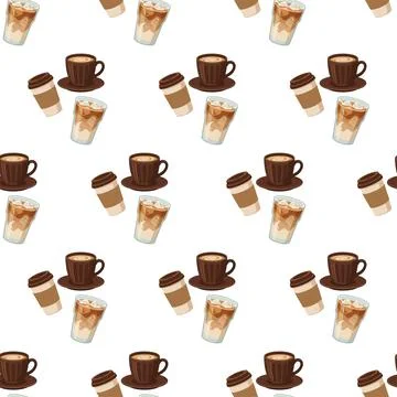 Seamless Coffee Pattern with Various Cups and Mugs. Stock Illustration