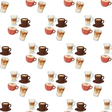Seamless coffee pattern with various drinks on a white background. Stock Illustration