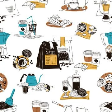 Seamless Coffee Set Doodle Pattern with Moka Pot, Cups and Bags. Brewing Tools Stock Illustration