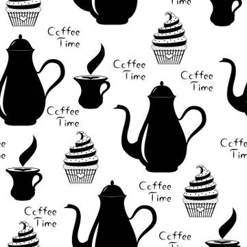 Seamless of Coffee time with coffee pot, cup of coffee and cupcake Stock Illustration