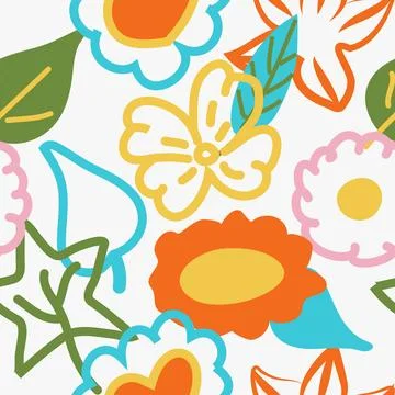 Seamless color bright pattern of leaves and flowers. Contour and filled elements Stock Illustration