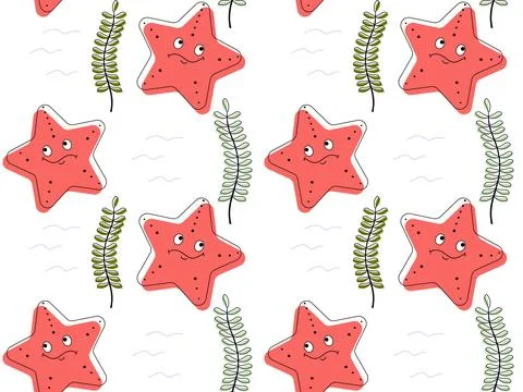Seamless color doodle pattern underwater world, children's, starfish,algae Stock Illustration