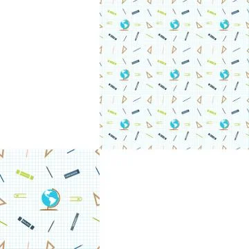 Seamless color pattern with globe, books, rulers, pencils on a checkered back Stock Illustration