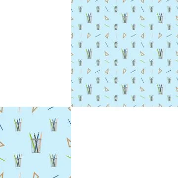Seamless color pattern with stand, rulers, pencils on a blue background with Stock Illustration