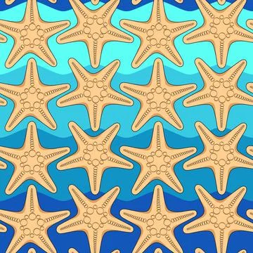 Seamless color pattern with starfish on a background of sea waves. Stock Illustration