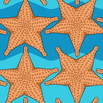 Seamless color pattern with starfish on a background of sea waves. イラスト素材