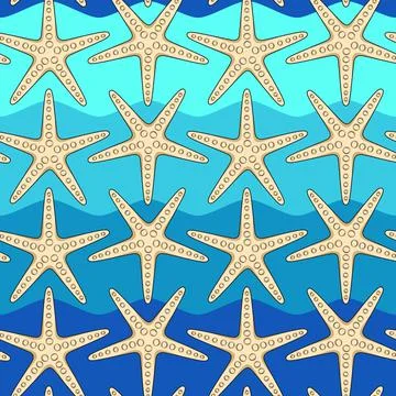 Seamless color pattern with starfish on a background of sea waves. Stock Illustration