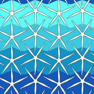 Seamless color pattern with starfish on a background of sea waves. Stock Illustration