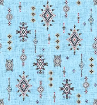 Seamless colored ethnic design on light blue background for textile prints. Stock Illustration