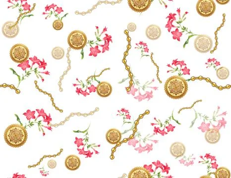 Seamless colored flowers for textile,  Retro style floral arrangement with chain Stock Illustration