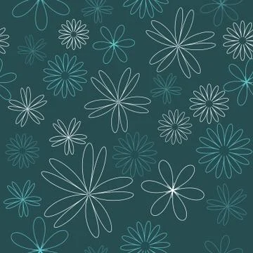 Seamless colored line pattern. Outline white flowers on gray blue color backg Stock Illustration