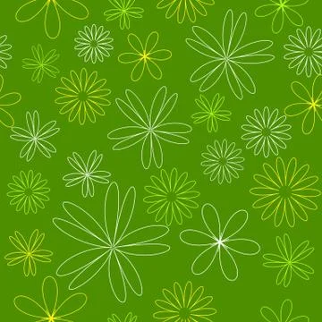 Seamless colored line pattern. Outline yellow flowers on green color backgrou Stock Illustration