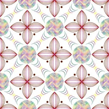 Seamless of colored lines in circles and geometric quatrefoil violet leaves Stock Illustration