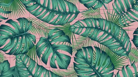 Seamless colored pattern with exotic tropical leaves on pink square tiles bac 스톡 일러스트