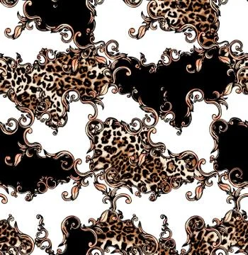 Seamless colored pattern of leopard and baroque, patch for print, fabric, textil Stock Illustration