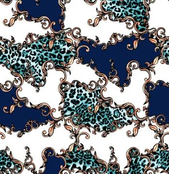 Seamless colored pattern of leopard and baroque, patch for print, fabric, textil Stock Illustration