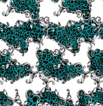 Seamless colored pattern of leopard and baroque, patch for print, fabric, textil Stock Illustration