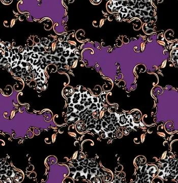 Seamless colored pattern of leopard and baroque, patch for print, fabric, textil Stock Illustration