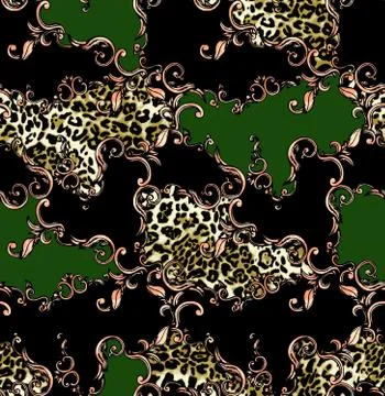 Seamless colored pattern of leopard and baroque, patch for print, fabric, textil Stock Illustration