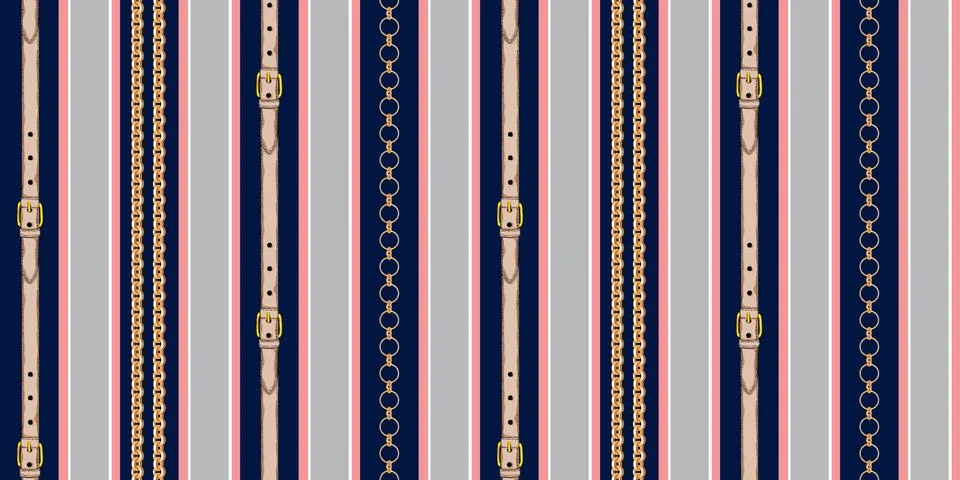 Seamless colored striped design with chains and belts on dark blue lined backgro Stock Illustration