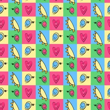 Seamless colorful bright pattern with abstract butterflies, sun and hearts Stock Illustration