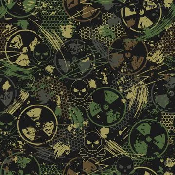 Seamless colorful camouflage pattern with ionizing radiation symbol 스톡 일러스트