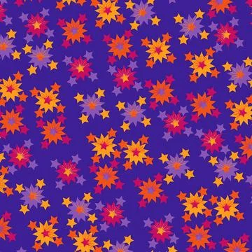 Seamless Colorful Festive Star Pattern on Purple Background, Vibrant Decorative Stock Illustration