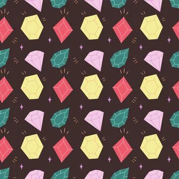 Seamless Colorful Gemstone Pattern with Hand Drawn Crystals on Dark Background Stock Illustration