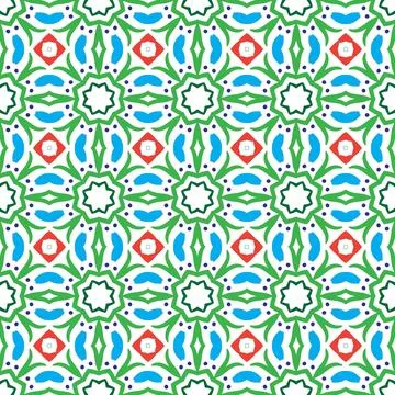 Seamless colorful geometric pattern with star shapes and interlocking lines. 库存插图