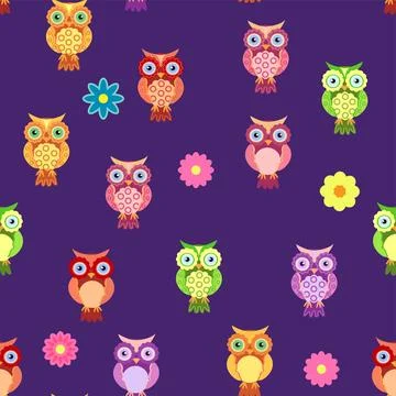 Seamless colorful owl pattern for children with flowers, clouds, branches. Stock Illustration