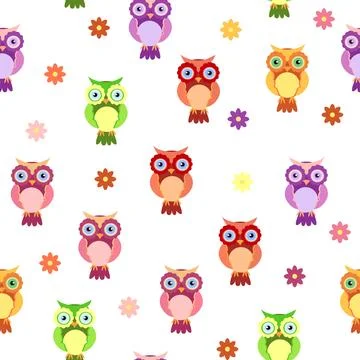 Seamless colorful owl pattern for children with flowers, clouds, branches. イラスト素材