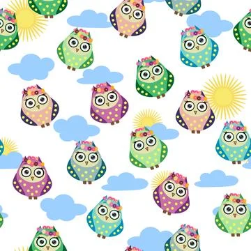 Seamless colorful owl pattern for children with flowers, clouds, branches. Stock Illustration