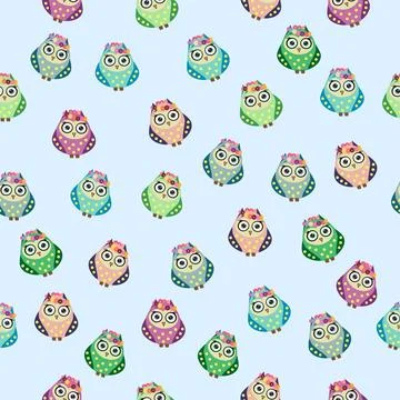 Seamless colorful owl pattern for children with flowers, clouds, branches. Stock Illustration