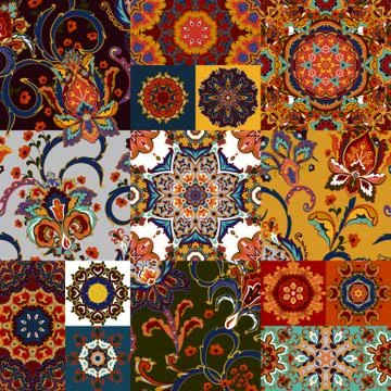Seamless colorful patchwork tile with Islam, Arabic, Indian, ottoman motifs Stock Illustration