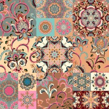 Seamless colorful patchwork tile with Islam, Arabic, Indian, ottoman motifs Stock Illustration